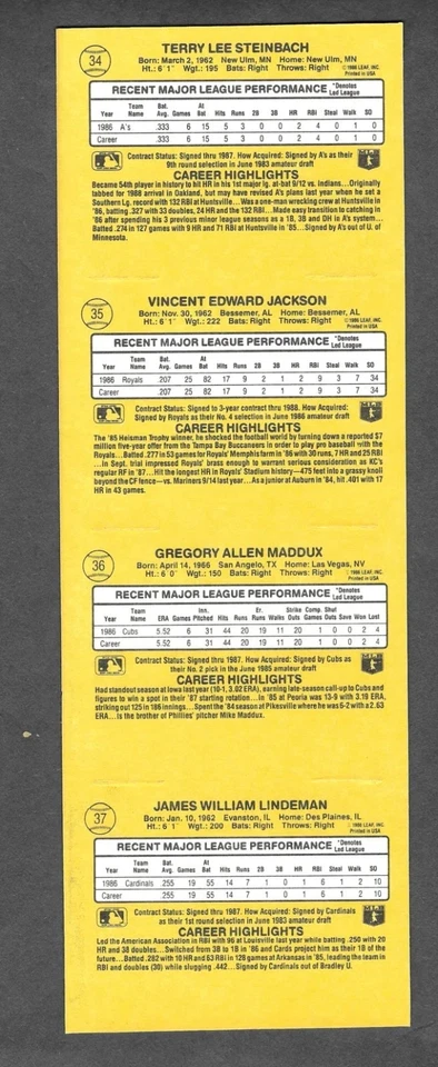 1987 Donruss cartões de beisebol painel sem cortes 4 jogadores. Greg Maddux, Bo Jackson RC! - Imagem 2 de 3