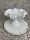 Milk Glass Bowl Candy Dish Ruffled Edges Hobnail Compote Pedestal White
