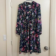 J.Crew Floral Bow Tie Neck Medium Navy Blue Dress Long Sleeve Preppy Work