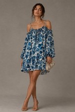 Bailey-44 Floral Longsleeve Chiffon Daydream Dress Medium Blue Party ($228)