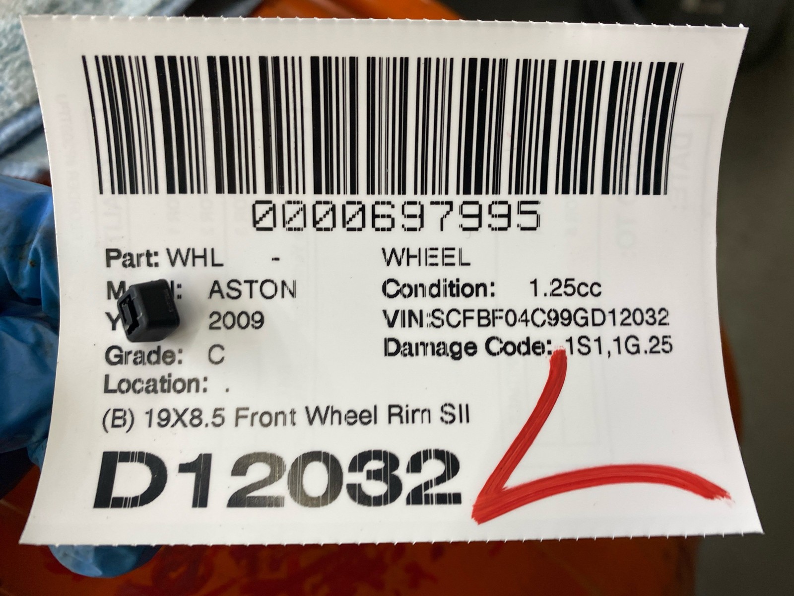 2009 Aston Martin Vantage (B) 19X8.5 Front Wheel Rim SIlver 9G33-1007-CA