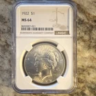 1922 Peace Dollar $1 Silver Coin NGC MS 64 Philadelphia Uncirculated