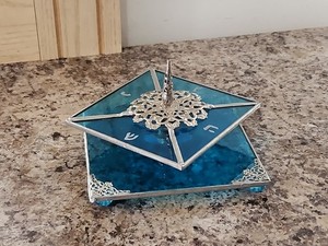 Blue With Silver Filigree Stained Glass Hanukkah Dreidel With Stand by A. Brigg