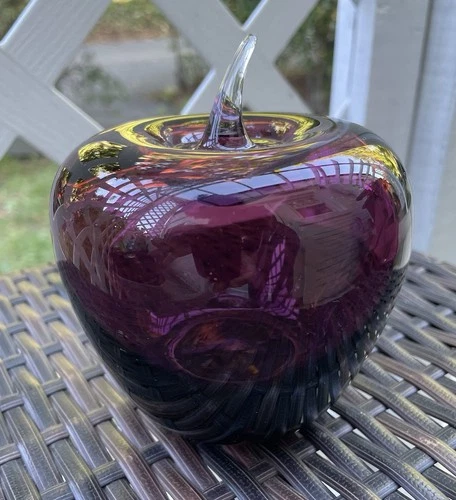 Blenko Art Glass Amethyst Purple Apple Paperweight Figure Vintage Clear Stem