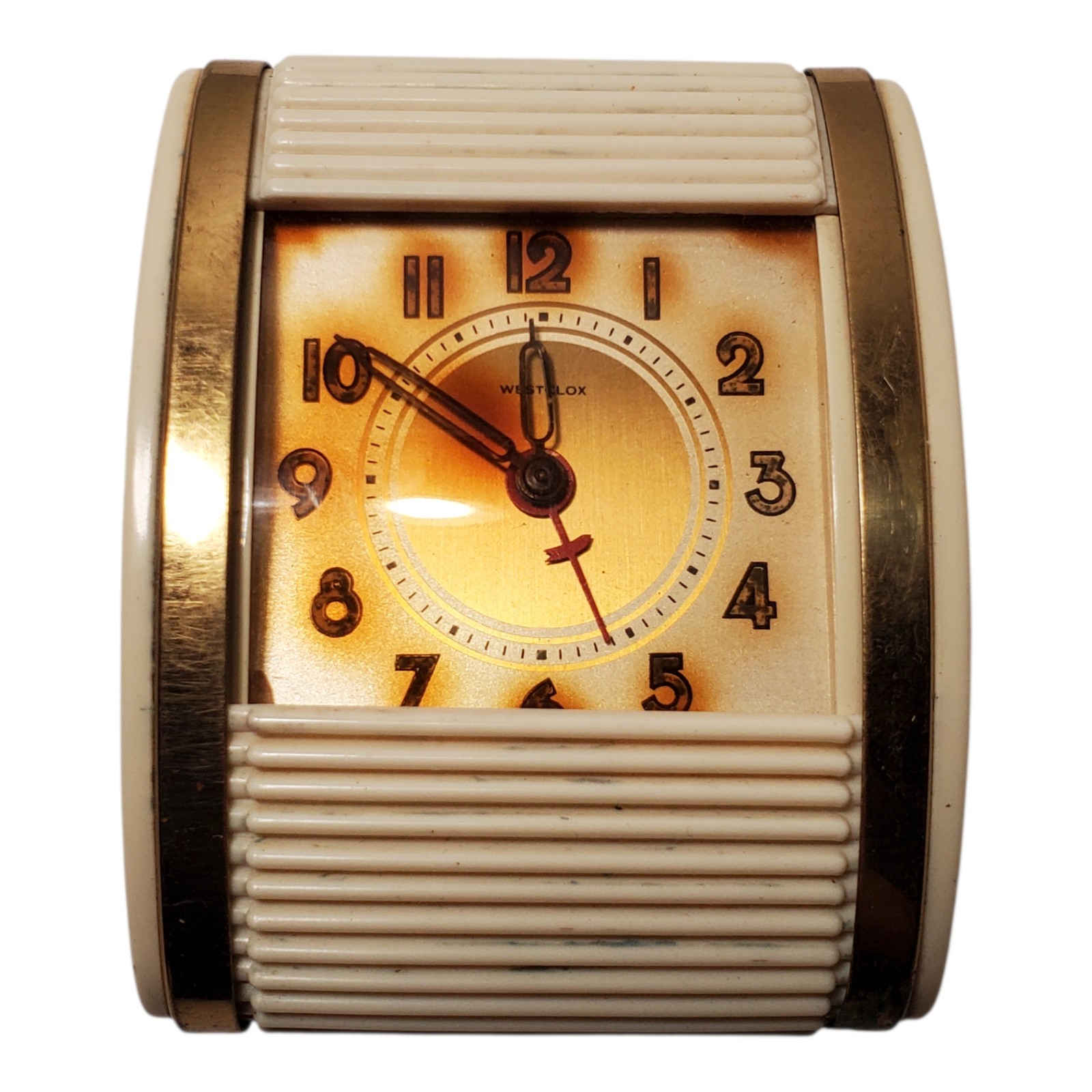 Vintage Westclox Travel Alarm Clock MCM Wind Up Art Deco Roll Face