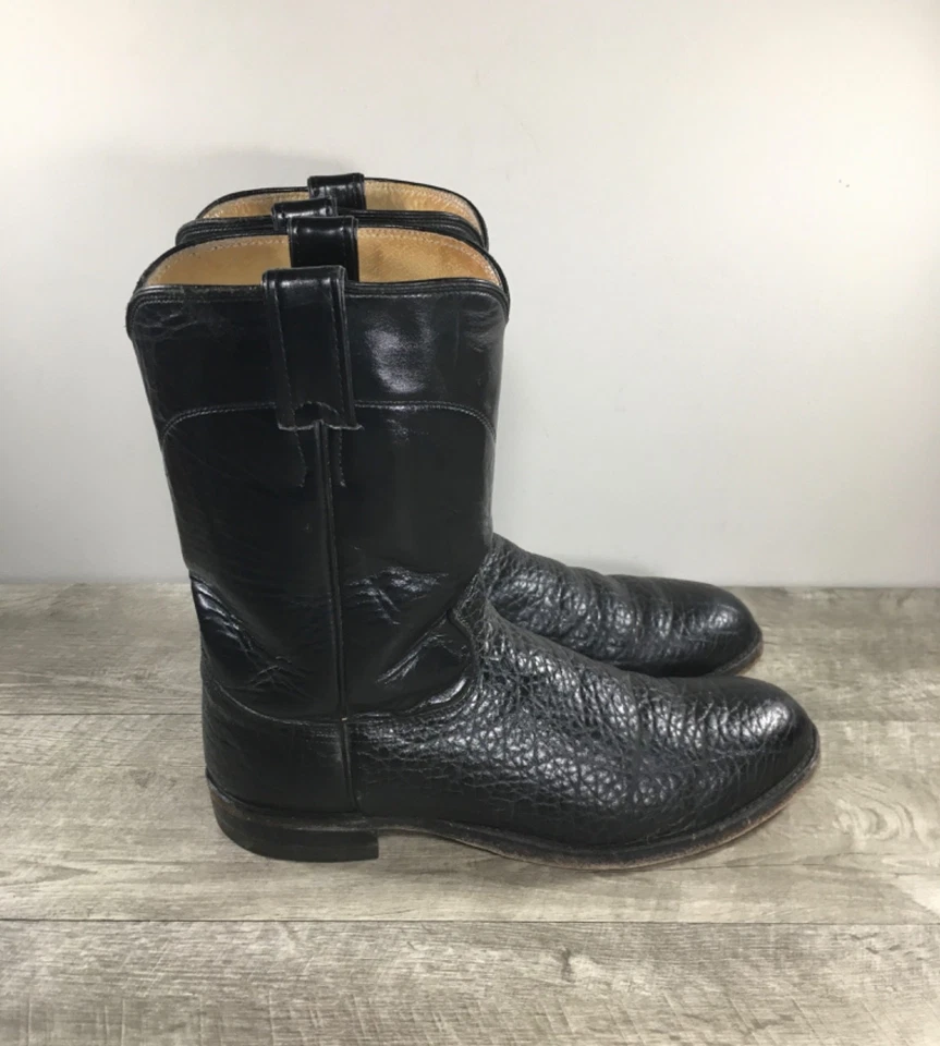 Botas vaqueras para hombre Justin 3202 Bullhide cuero negro cuerda 10,5 vintage Foto 2 de 4