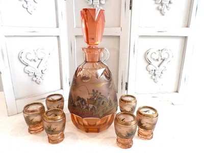 RARE!~Antique Moser Bohemian Pink Depression Decanter Set~Carriage Scene~Signed