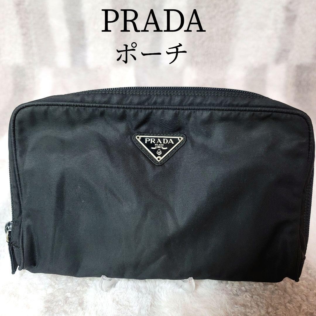 PRADA Nylon Pouch Triangular Logo Black Womens Pu… - image 1