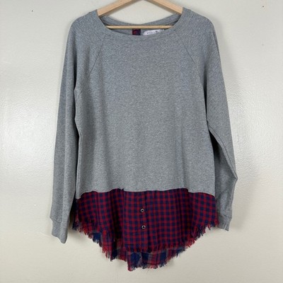 Billy T Women's M Sweatshirt Gray Plaid Mixed Media Frayed Hem Button Back