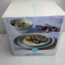 Martha Stewart 12 Piece Dinnerware Set Porcelain “Green Glaze” Stoneware White