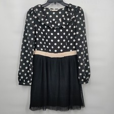 O.Vilian Vintage Polka Dots Long Sleeve Ruffle Tulle Mini Dress XS Women Black