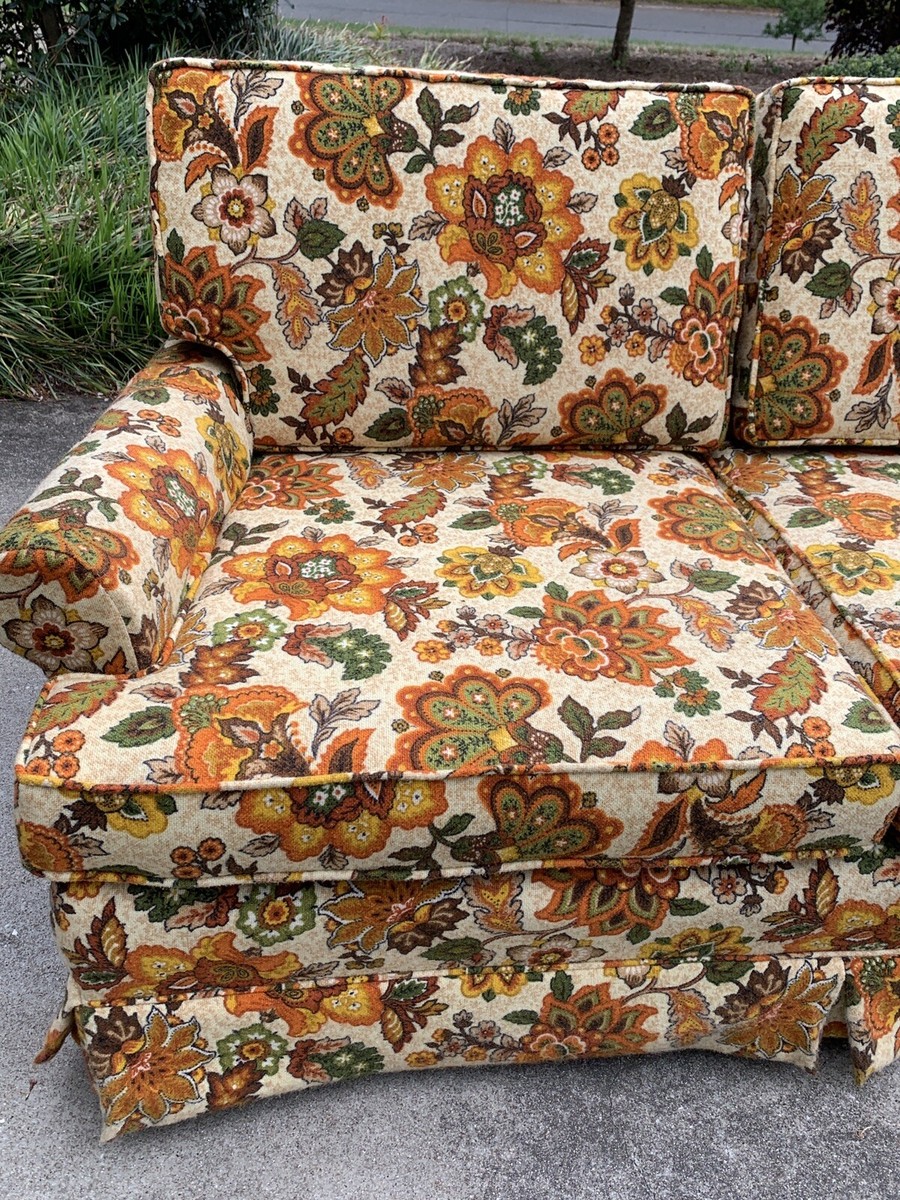 Vtg 1960s 70s Floral Print Retro Wall Sofa Couch Rare Hippy Groovy