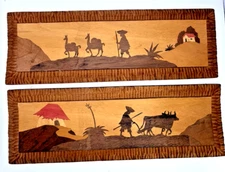 Marquetry Hand Carved Llama Farm Farmer Wall Hanging Art Panels VTG 12x4.6 in