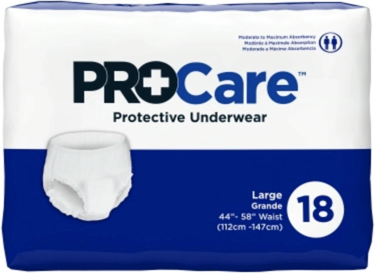 PROCARE 18 Protective Underwear/Diapers Size LRG Waist 44"-58" Pull Up Style