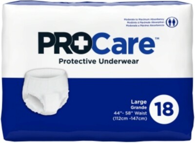 PROCARE 18 Protective Underwear/Diapers Size LRG Waist 44''-58'' Pull Up Style