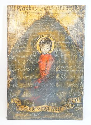 Rarität altes Öl Gemälde Lyrics Playbox Sailor Flying Pig 1965 Vintage 48x32 cm
