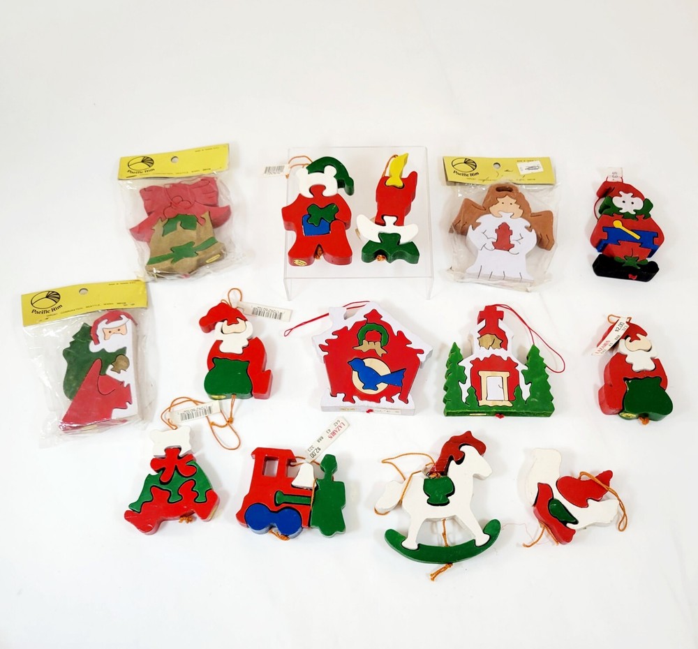 Vintage Wooden Puzzle Christmas Ornaments, 14 Ornaments