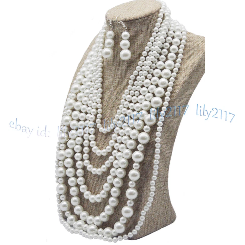 Juego de joyas collar pendientes perlas blancas del Mar del Sur 7 filas 7-14 mm 17-31"" Foto 2 de 4
