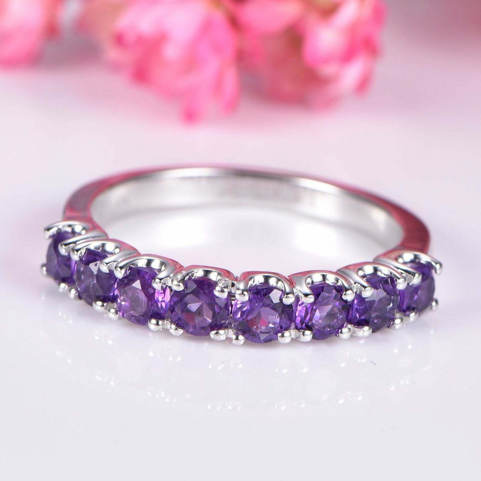 Natural Purple Amethyst Ring Band Ring Half Eternity 925 Sterling Silver
