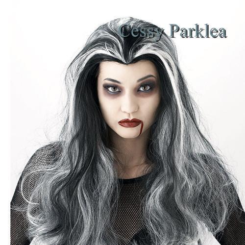 D75Black and White Vempire Zombie Long Curled Wigs Halloween Costume Accessories - Picture 1 of 1