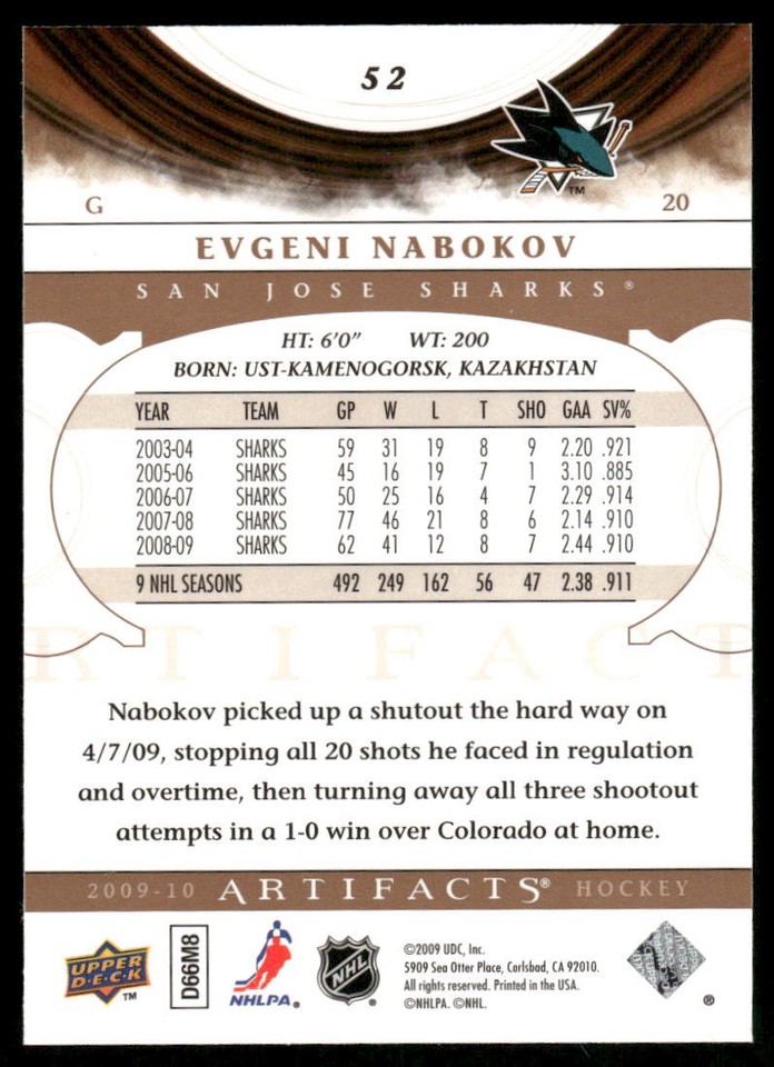 200910 Upper Deck Artifacts Evgeni Nabokov 52 San Jose Sharks eBay