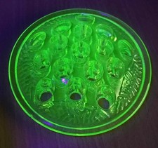 VINTAGE Uranium Glass FLOWER FROG 18 Holes Foliage Made in USA 1930's