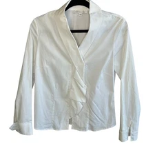 Renfrew Collection White Full Zip Ruffle Front Long Sleeve Blouse Size 6