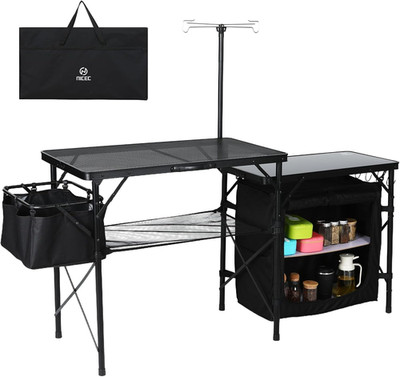 Portable Folding Camping Kitchen Table with Storage & Hooks - Black