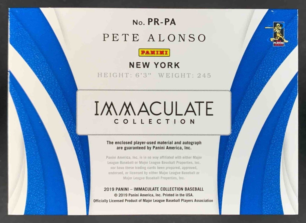 Pete Alonso 2019 Panini Immaculate Premium Patch Auto RC Mets /25 view 2