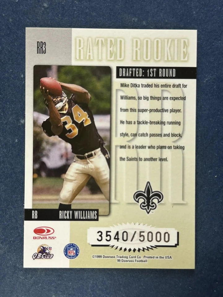 1999 Donruss Rated Rookies #RR3 Ricky Williams Saints /5000 - Image 2 of 2