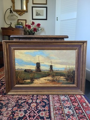 Antique Oil Painting Dutch Landscape Scene Windmills Cottage Netherlands