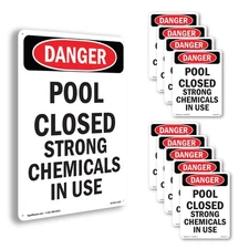 Portrait Pool Closed Strong Chemicals In Use OSHA Danger Sign, Decal 5/10 Pack