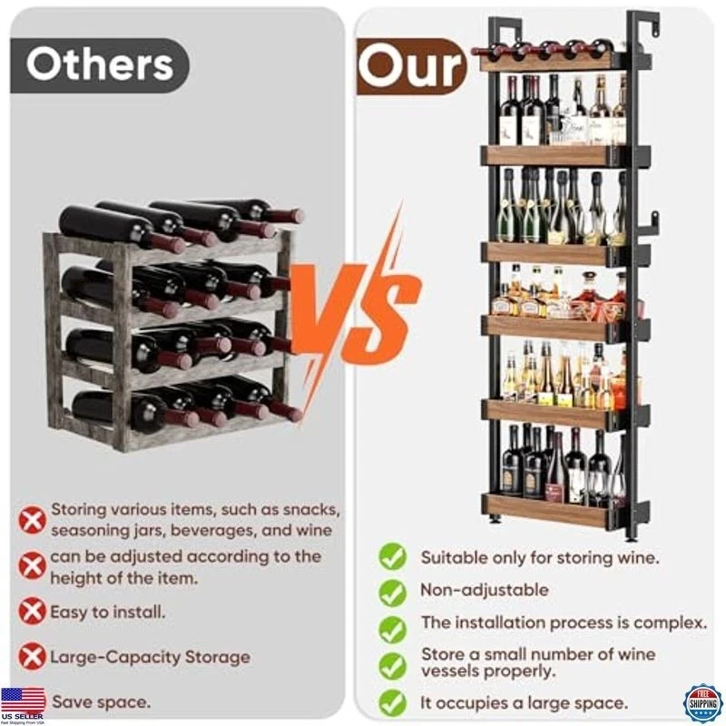 Estante para vino montado en la pared, estante de exhibición de botellas de licor de metal de 6 niveles, ajustable Foto 3 de 4