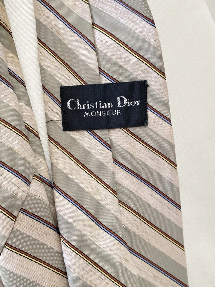 CHRISTIAN DIOR MONSIEUR Beige Polyester Blend Men’s Tie Striped Pattern. PVGC - Image 2 of 4
