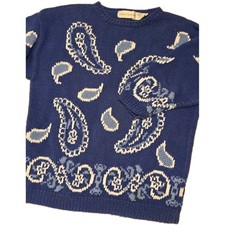 Robert Scott Ltd Women's Pullover Knit Sweater Blue Paisley MEDIUM Hand Knitted