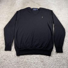 Polo Ralph Lauren Sweater Mens LT Black V Neck Merino Wool Logo Pullover Knit