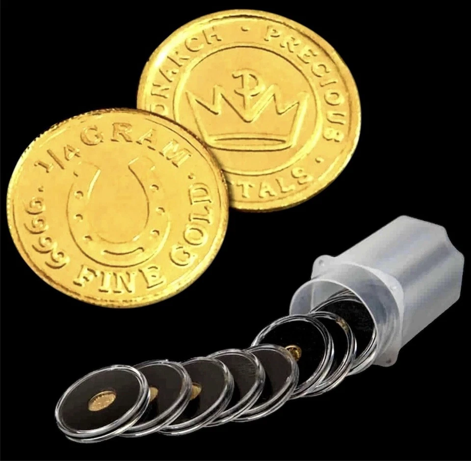 LOT X 2 MONARCH LUCKY HORSESHOE 1/4 GRAM .9999 FINE GOLD ROUNDS IN CAPSULE BU - Image 3 of 4