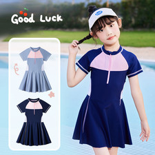 Teen Girls One-piece Short Sleeve Swim Dress Swimsuit Bathing Suit Rash Guard