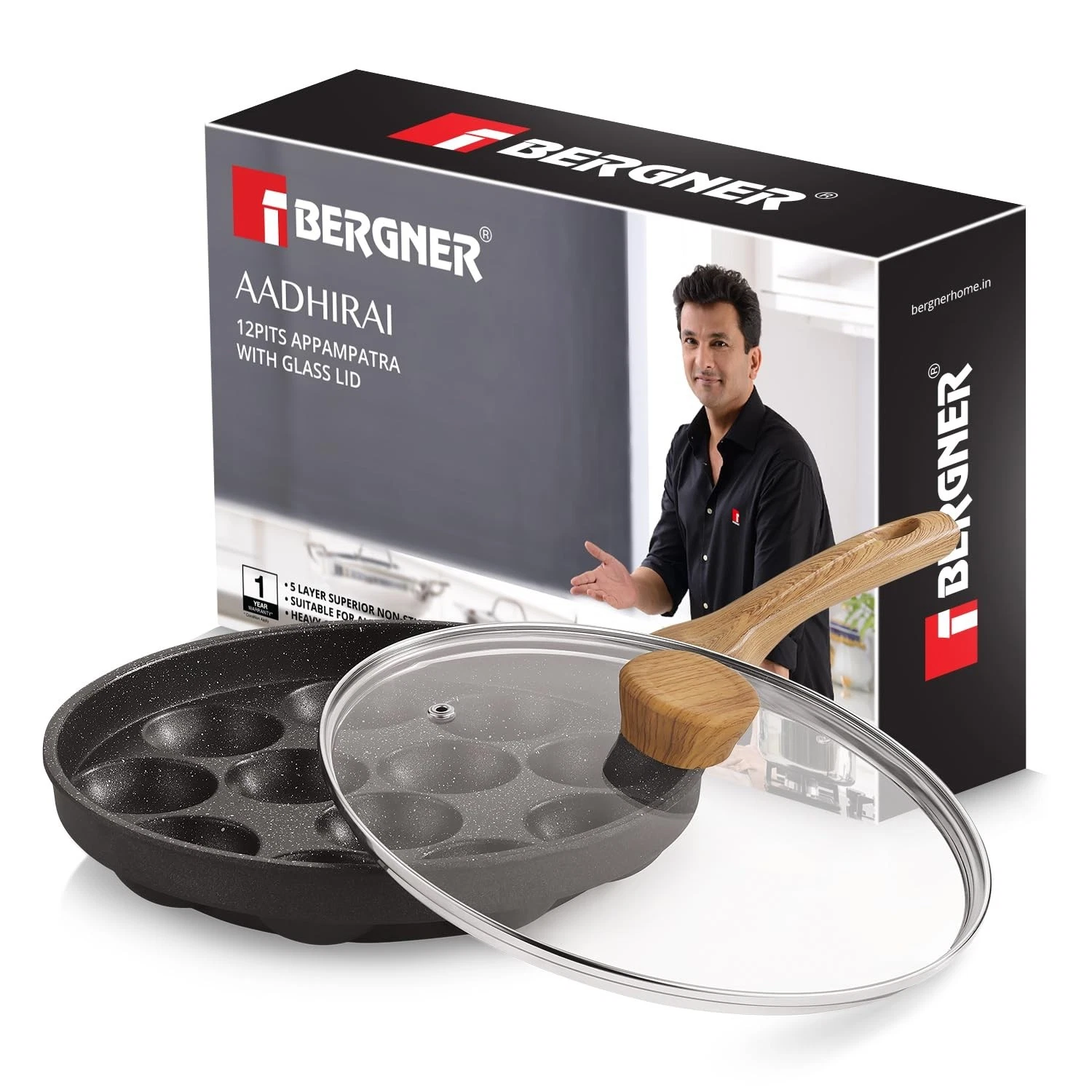 Bergner Nonstick Appe Pan with Glass Lid, Appam, paniyaram, PFOA Free, Gas&Induc