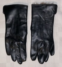 Women's Vintage Black Faux Leather w/Fur Trim Fleece Lined Gloves Size 7.5 - 8.5