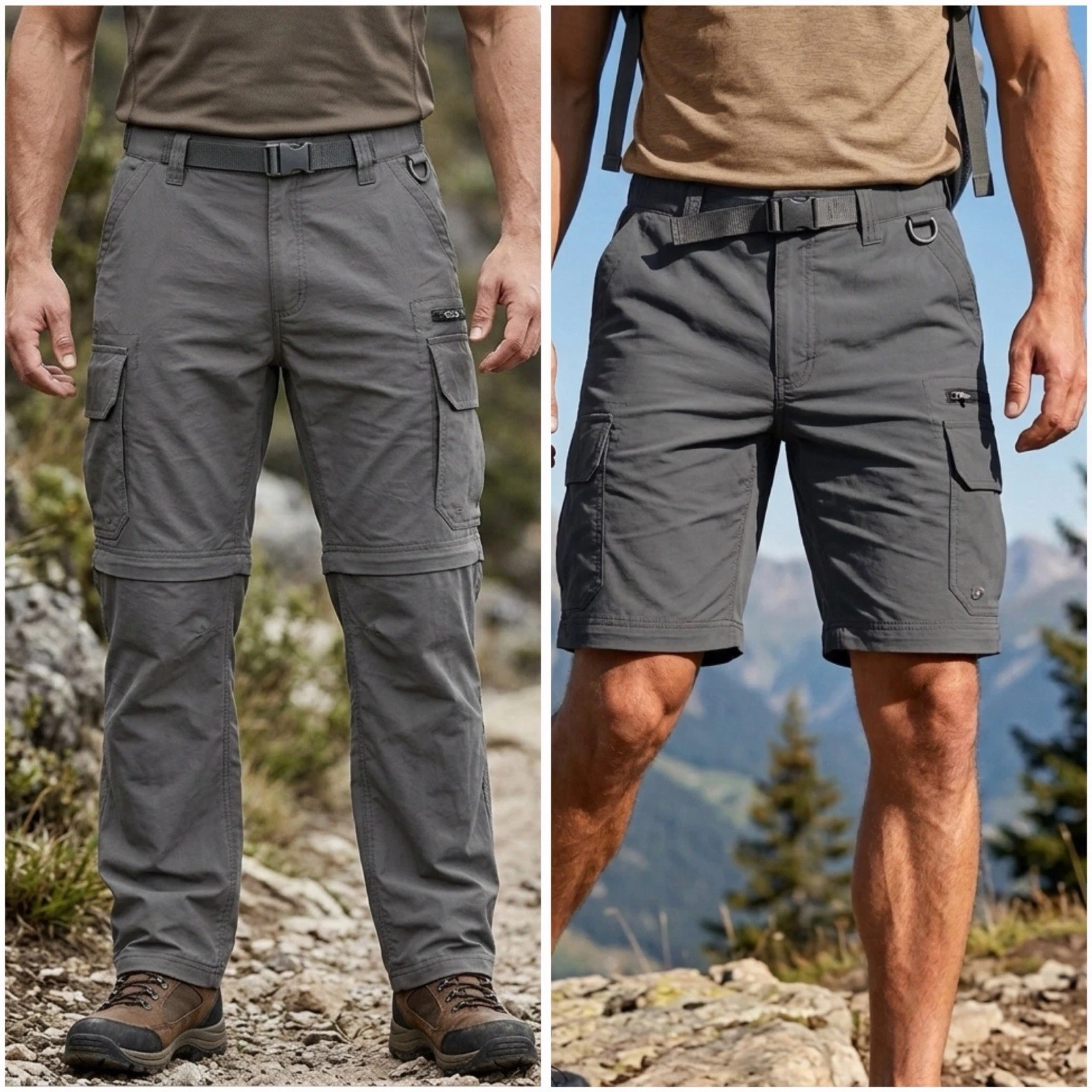 BC Clothing Mens Medium 34x30 Convertible Cargo Hiking Pants Gray Fishing