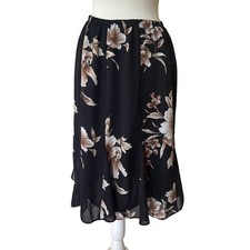 Vintage Black Brown Tropical Hibiscus Floral High Waisted Knee Flowy Skirt