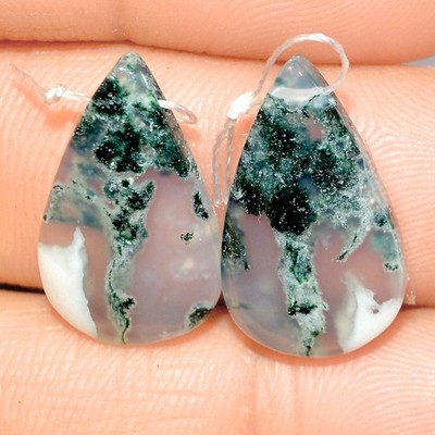 20 Cts Natural Green Moss Agate Cabochon Gemstone Side Drill Pair 20x10mm #P1017