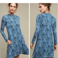 MAEVE ANTHROPOLOGIE Womens Blue White Dress Size Small Long Sleeve Stretch