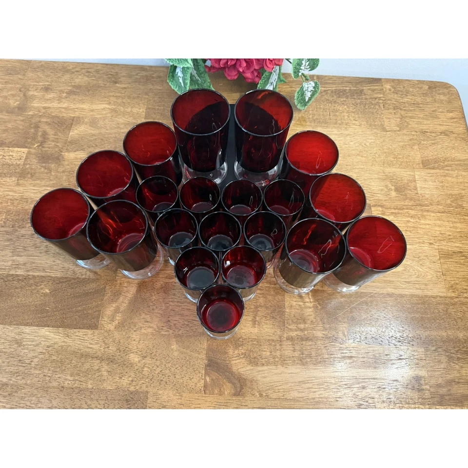 Juego de copas cordiales de vino con tallo rojo rubí Luminarc Francia vintage vajilla de bar de vacaciones Foto 4 de 4
