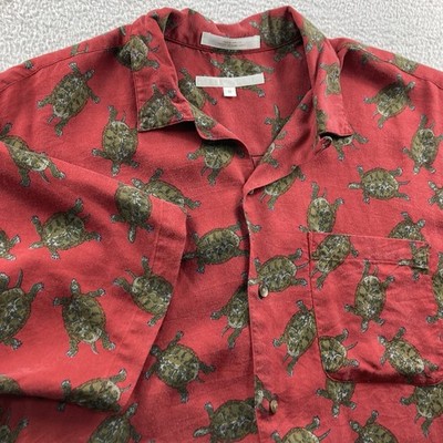 Vtg Perry Ellis Rayon Loop Collar Camp Button Shirt Men Medium Red Sea Turtles