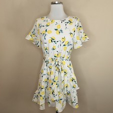 Banana Republic Lemon Pattern Dress Size 6P Petite Women's Ruffled Belted