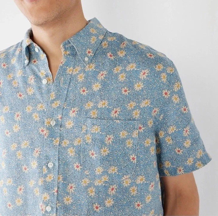 J Crew 100% Linen Light Blue Floral Short Sleeve Classic Fit Shirt Men's Size L
