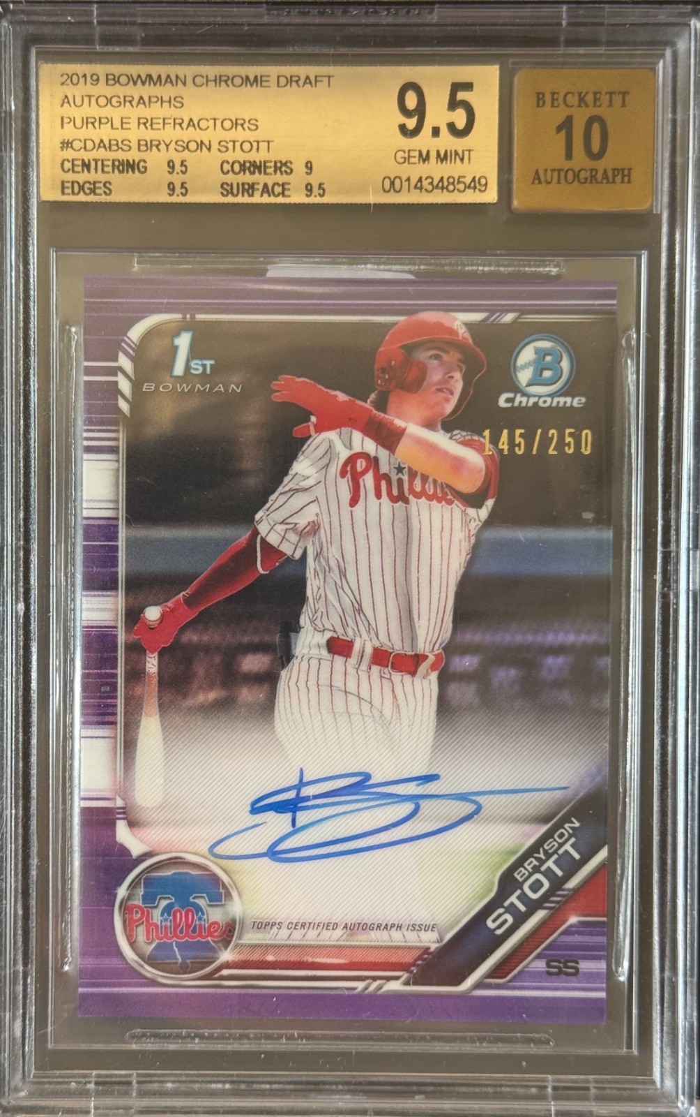 2019 BOWMAN CHROME DRAFT BRYSON STOTT AUTO PURPLE BGS 9.5 AUTO 10 /250 PHILLIES