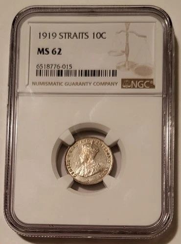 Straits Settlements (Malaysia) George V 1919 Silver 10 Cents MS62 NGC Toning
